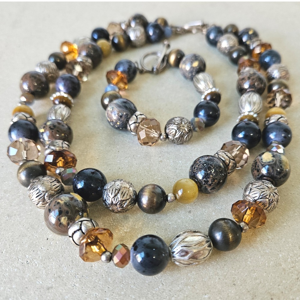Juicy Couture Mixed‎ Bead Toggle Necklace Bracelet Set Silver Earthy Tones